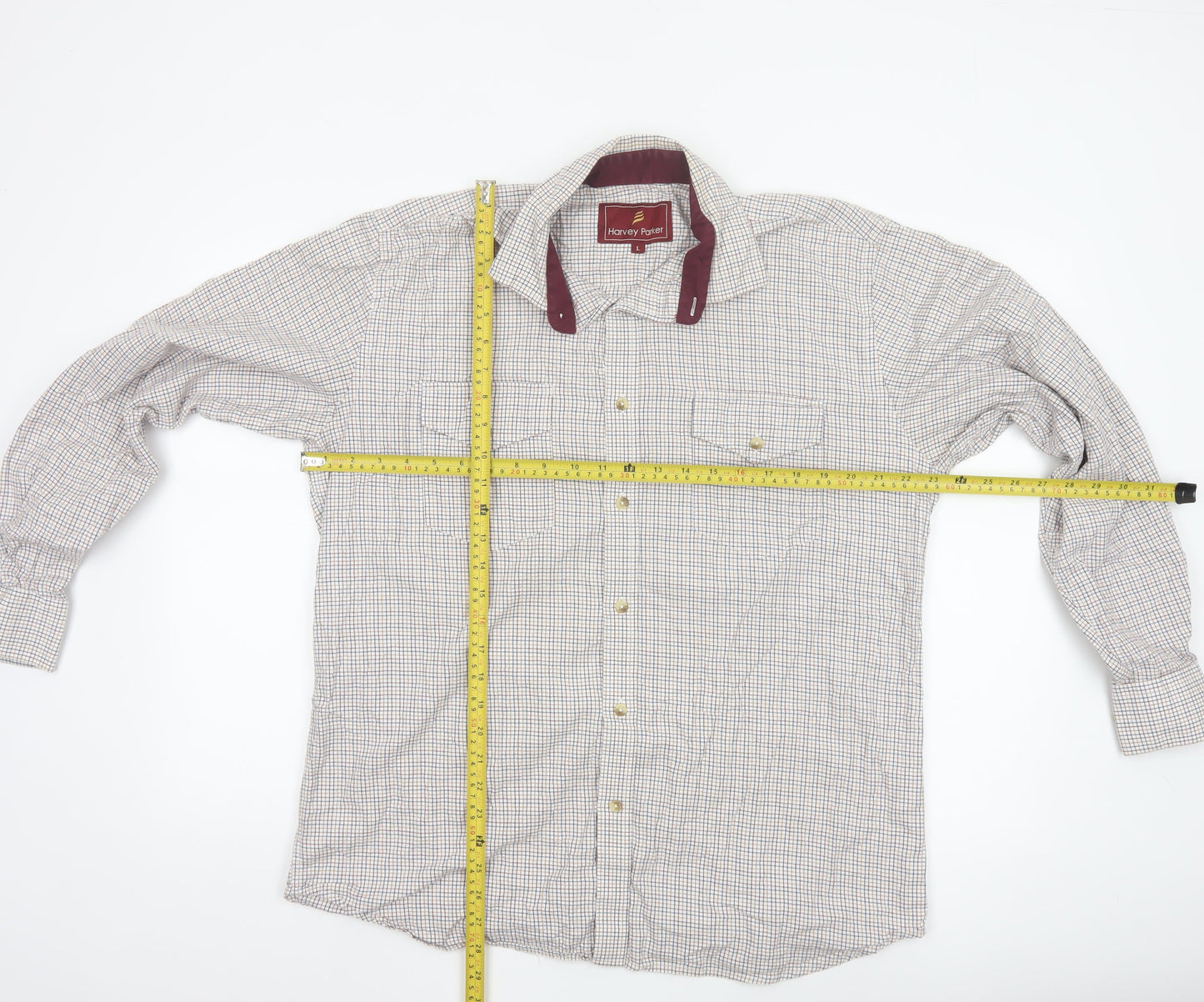 Harvey Parker Men's Beige Check Cotton Button-Up Shirt L