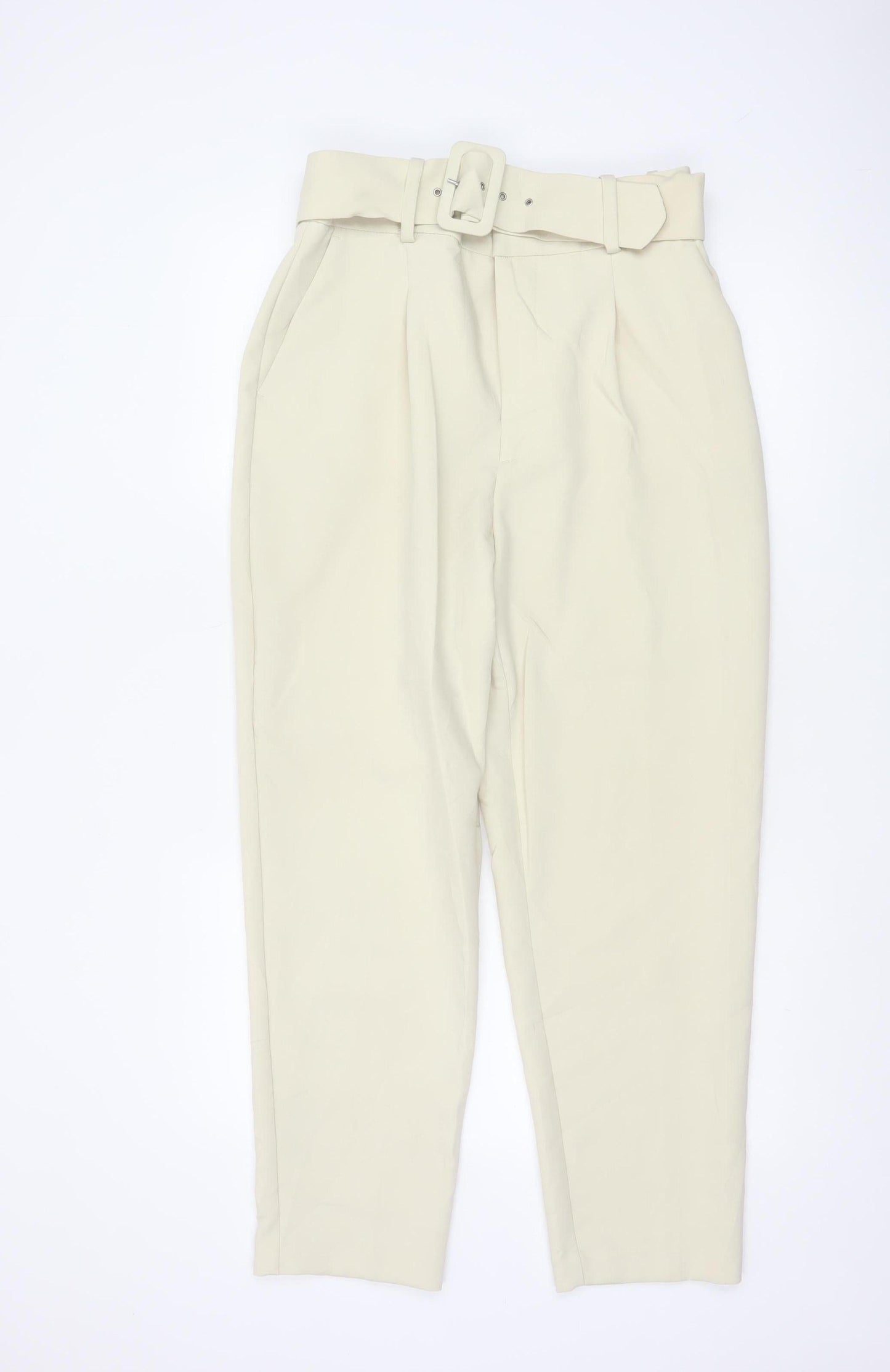 Zara Women’s Beige Paperbag Trousers L High Waist Belted Viscose Blend