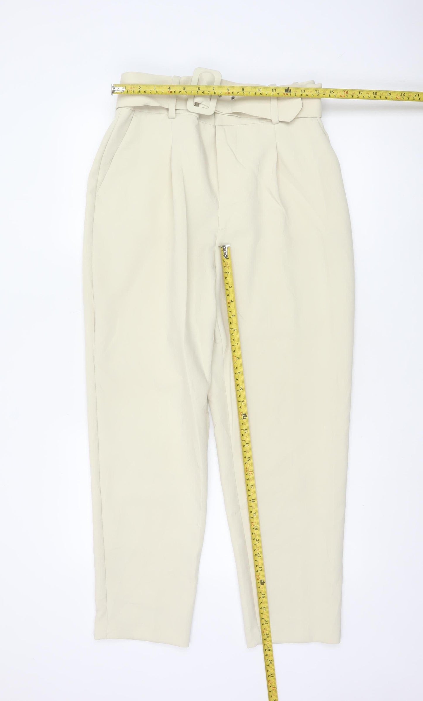 Zara Women’s Beige Paperbag Trousers L High Waist Belted Viscose Blend