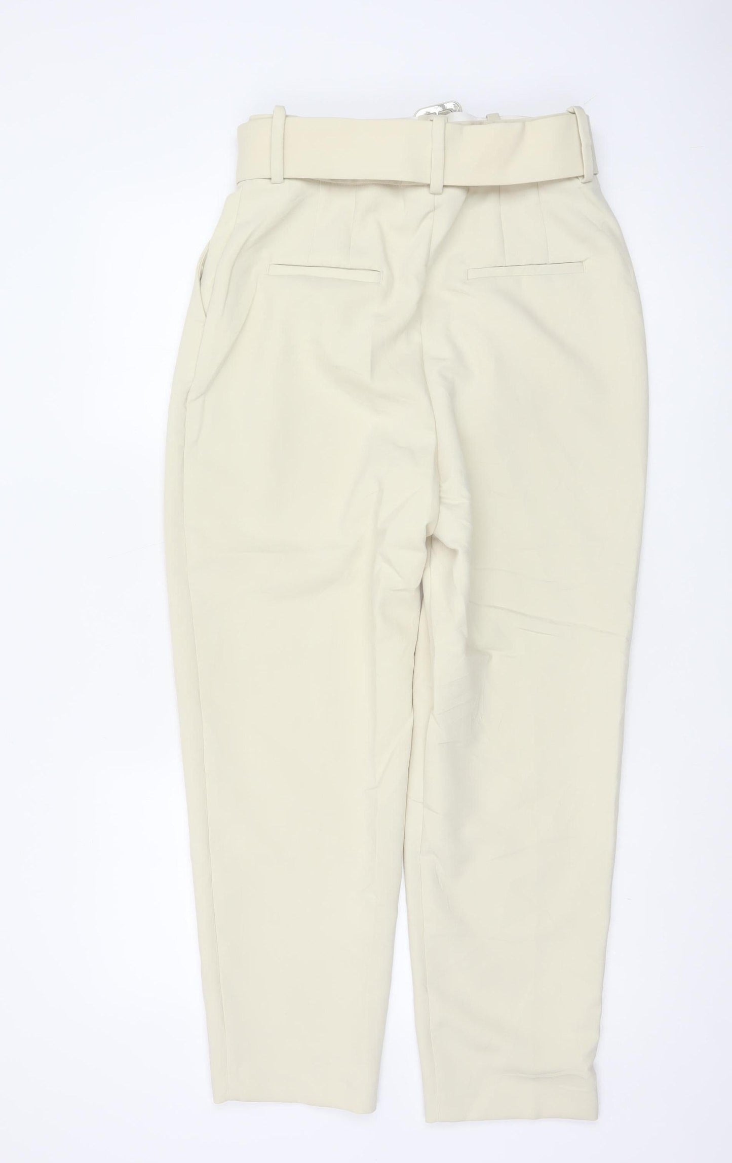 Zara Women’s Beige Paperbag Trousers L High Waist Belted Viscose Blend