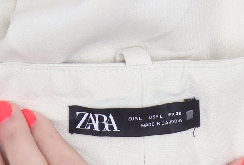 Zara Women’s Beige Paperbag Trousers L High Waist Belted Viscose Blend