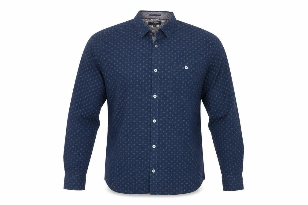 Ted Baker Men's Blue Geometric Long Sleeve Slim Fit Cotton Shirt L