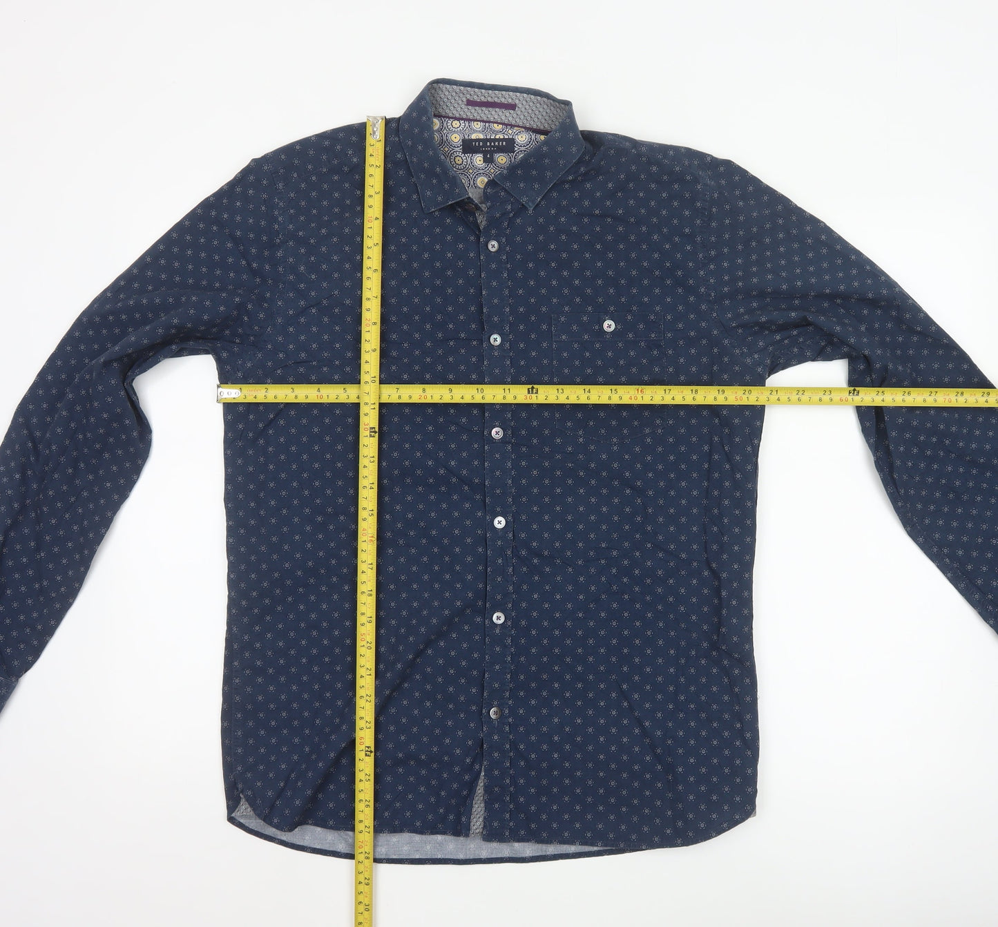 Ted Baker Men's Blue Geometric Long Sleeve Slim Fit Cotton Shirt L