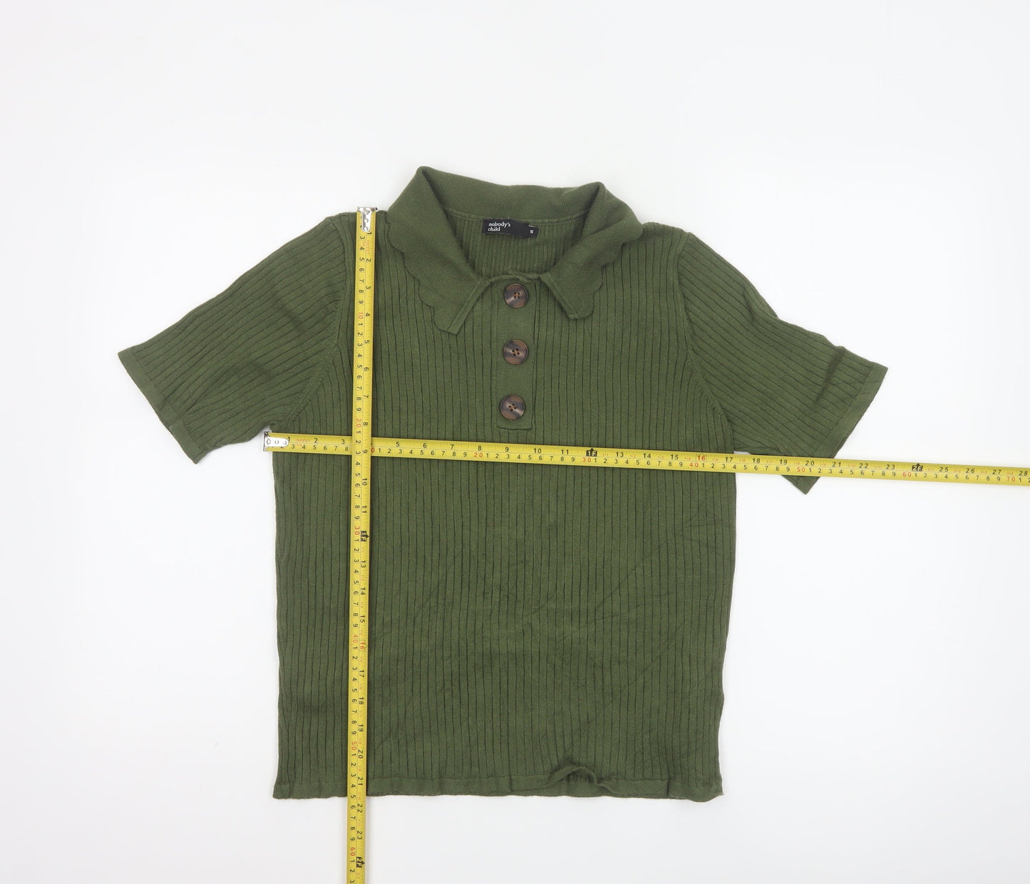 Nobody’s Child Women Green Ribbed Polo Top UK 16 Short Sleeve