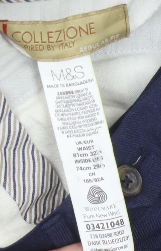 Marks and Spencer Men’s Blue Wool Regular Fit Trousers 32W 29L