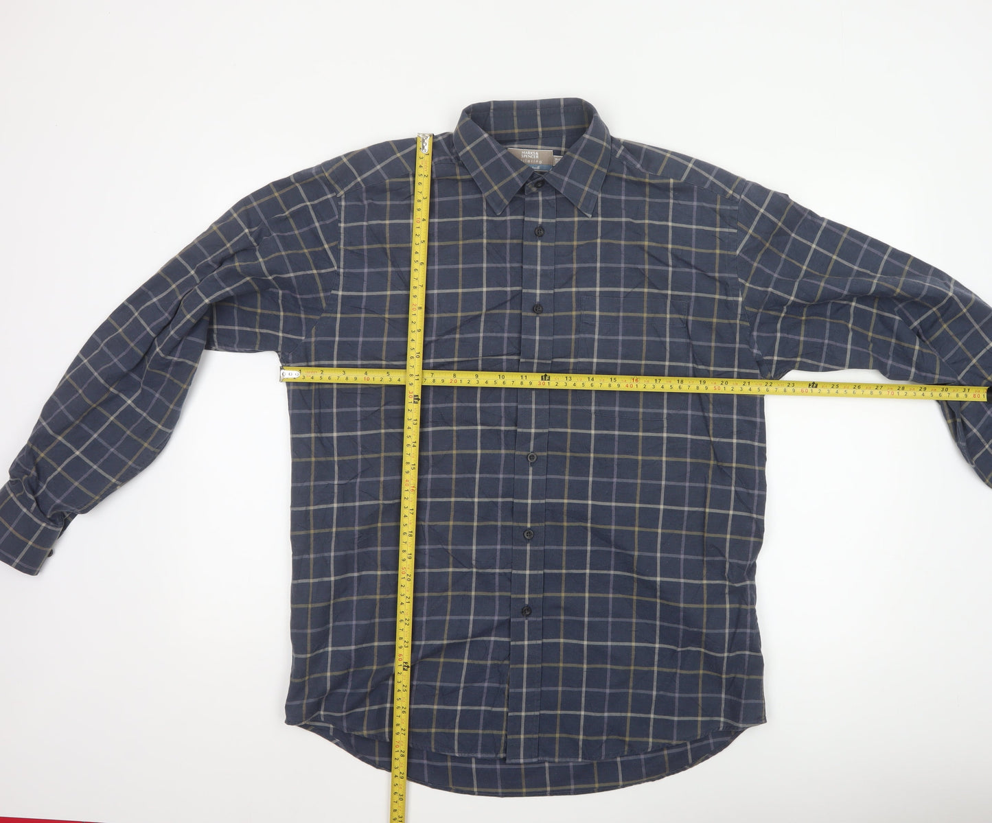 Marks and Spencer Men Blue Check Cotton Twill Long Sleeve Shirt Size 15.5