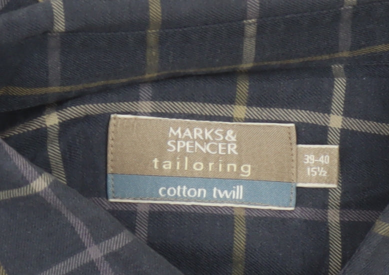 Marks and Spencer Men Blue Check Cotton Twill Long Sleeve Shirt Size 15.5