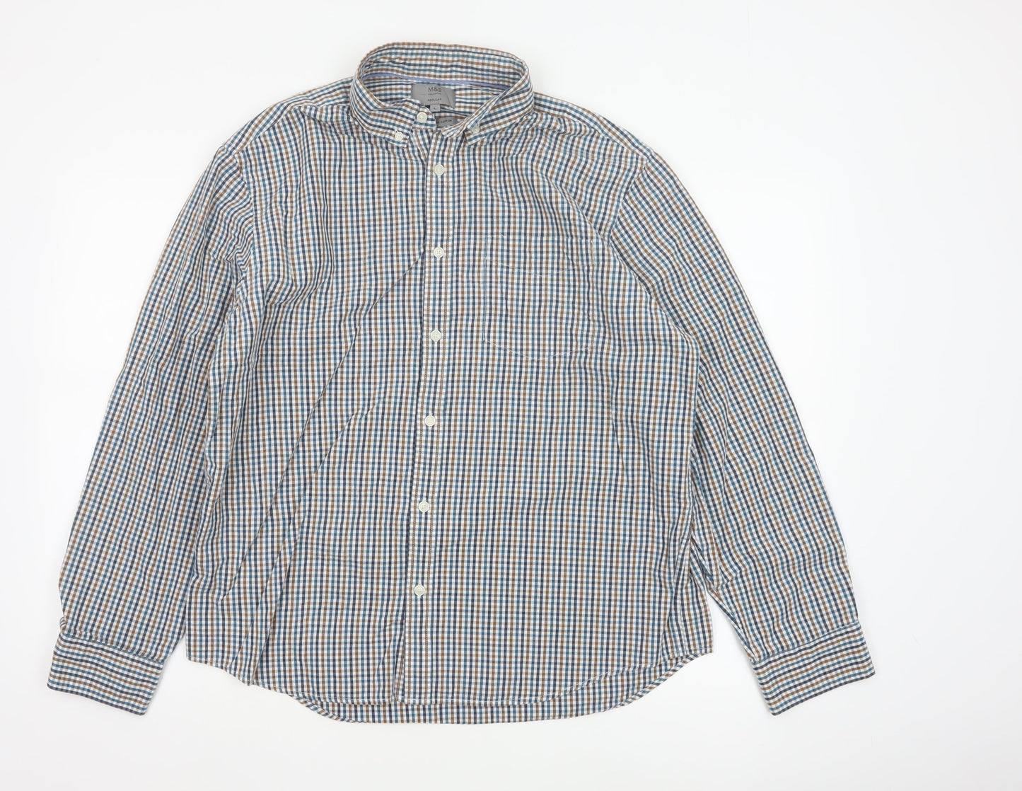 Marks and Spencer Men’s Blue Checked Cotton Button-Up Shirt L Regular Fit