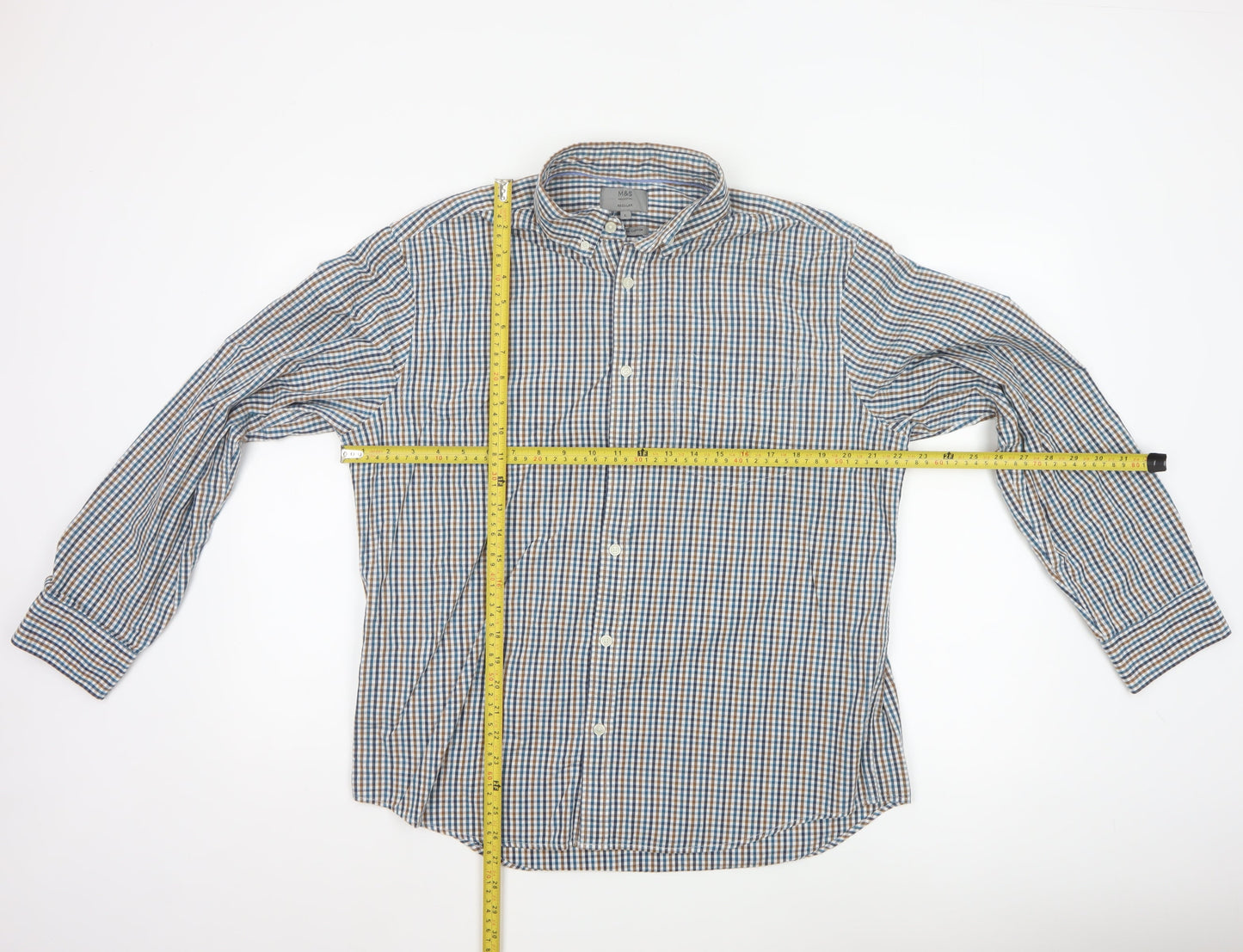 Marks and Spencer Men’s Blue Checked Cotton Button-Up Shirt L Regular Fit