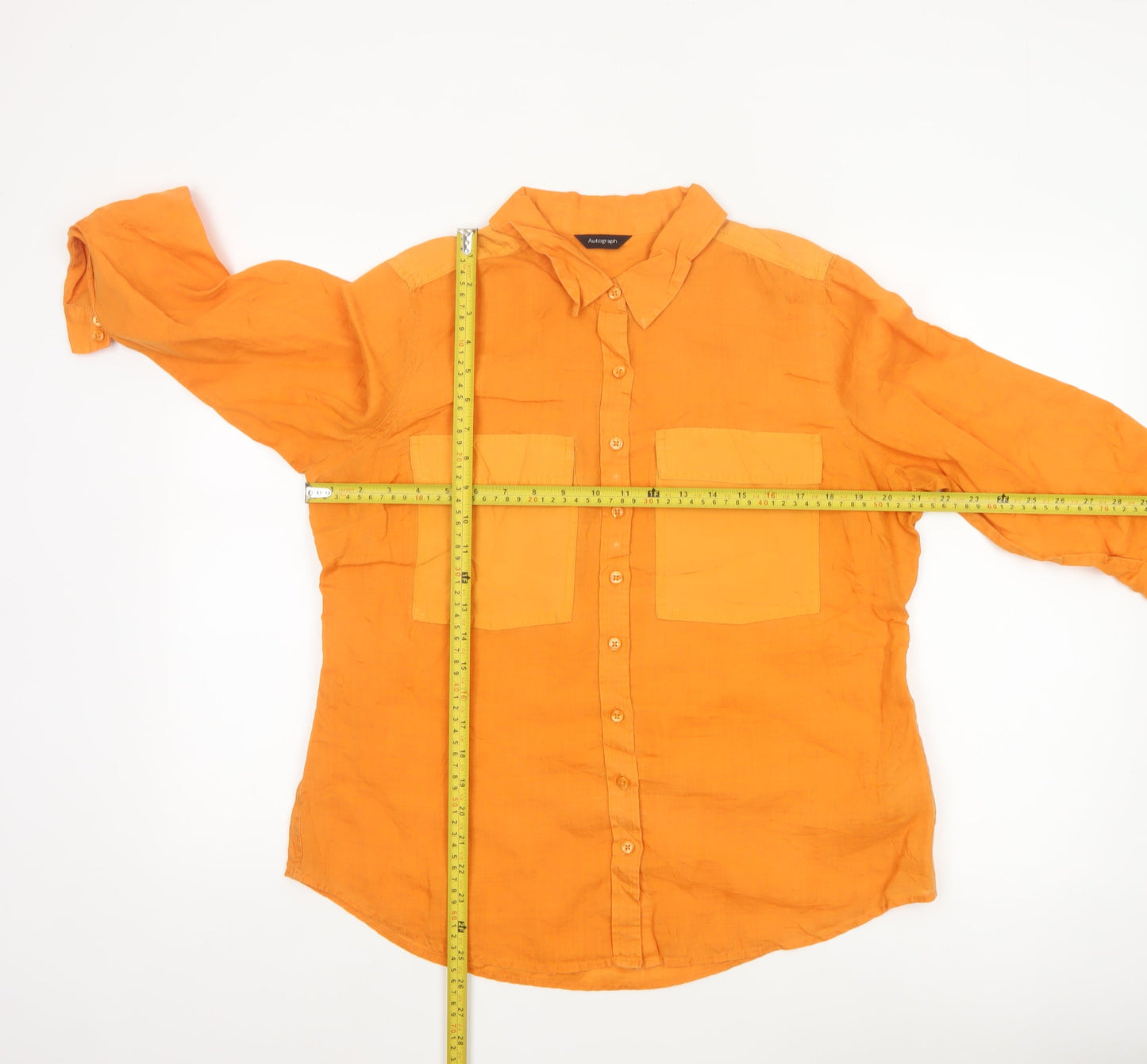 Marks and Spencer Women Orange Linen Blend Long Sleeve Button-Up Shirt Size 16