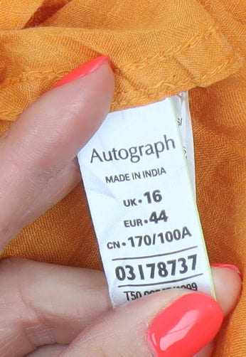 Marks and Spencer Women Orange Linen Blend Long Sleeve Button-Up Shirt Size 16