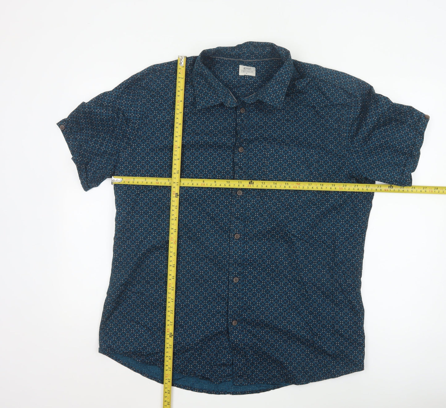AW85 Men’s Blue Geometric Short Sleeve Cotton Button-Up Shirt XL