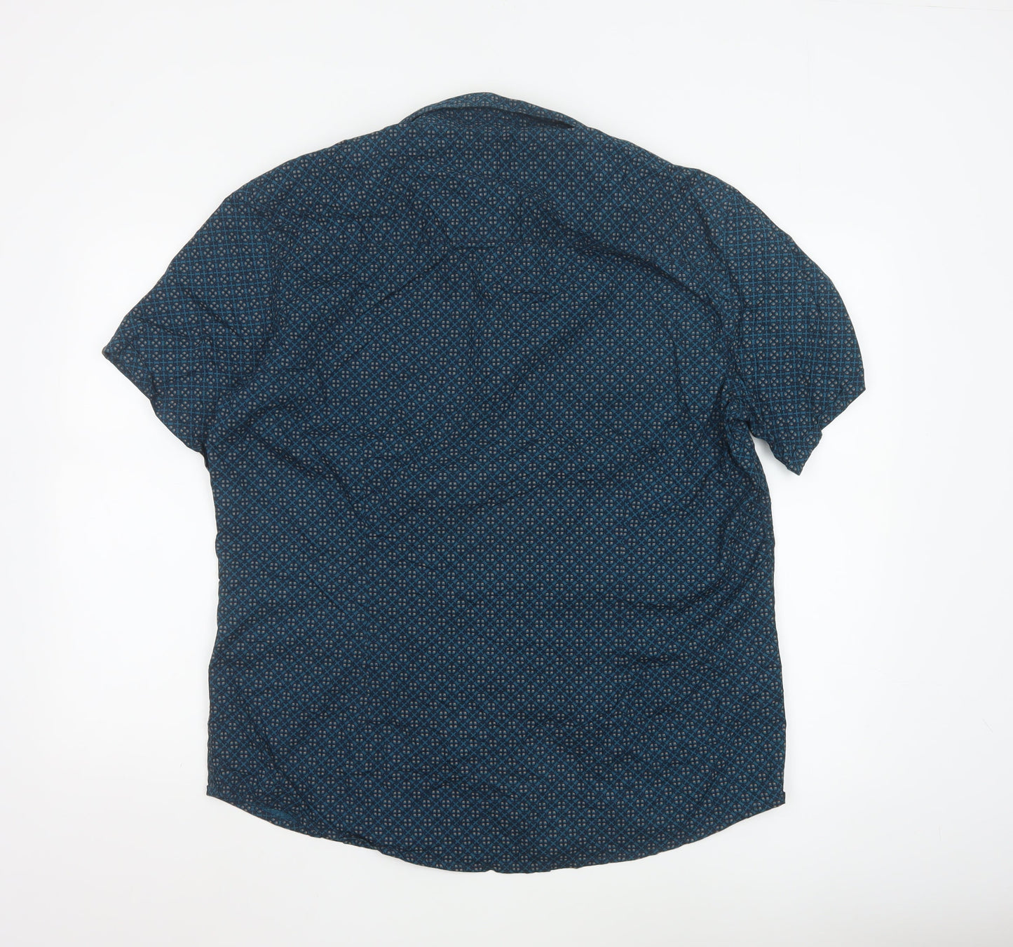 AW85 Men’s Blue Geometric Short Sleeve Cotton Button-Up Shirt XL