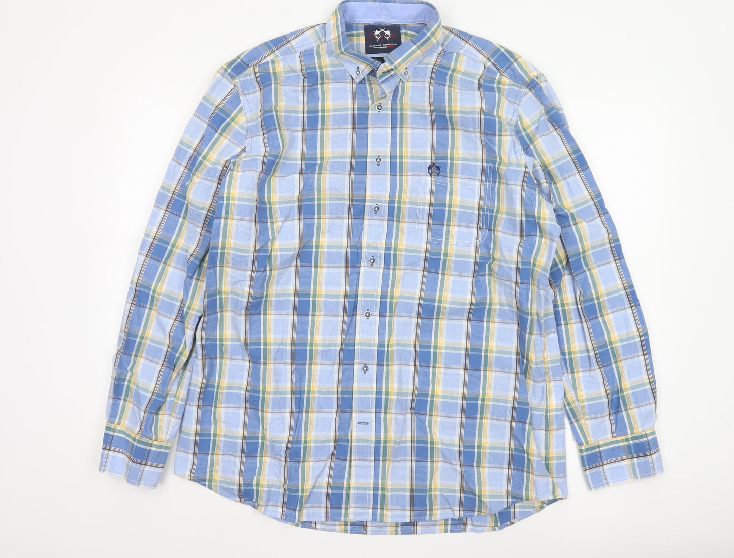Claudio Campione Men's Blue Check Button-Down Long Sleeve Cotton Shirt XL