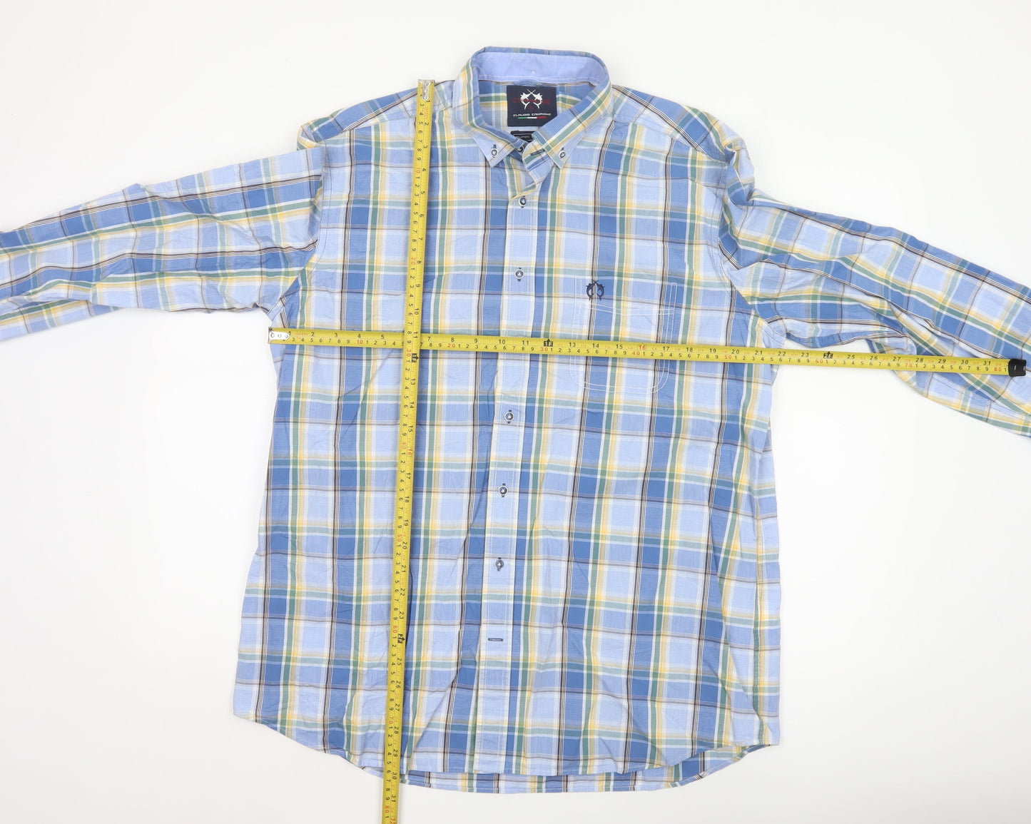 Claudio Campione Men's Blue Check Button-Down Long Sleeve Cotton Shirt XL