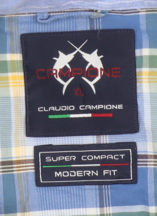Claudio Campione Men's Blue Check Button-Down Long Sleeve Cotton Shirt XL