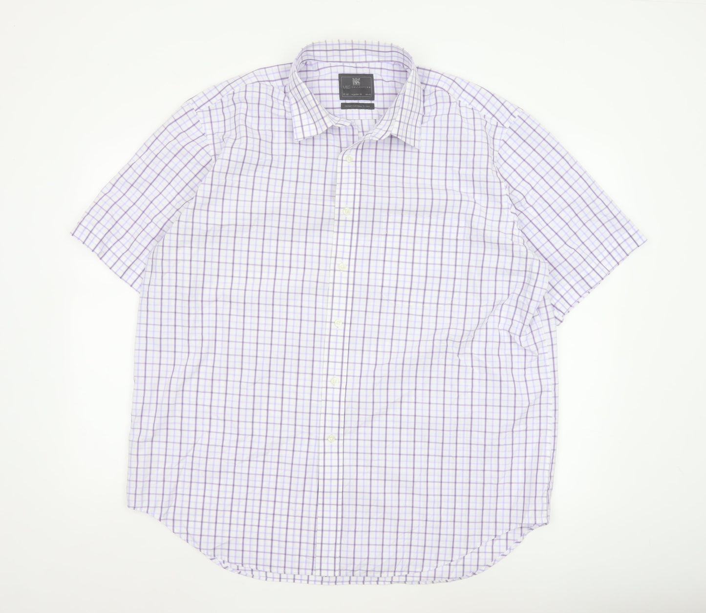 Marks and Spencer Men's Purple Check Regular Fit Short Sleeve Shirt 17.5in