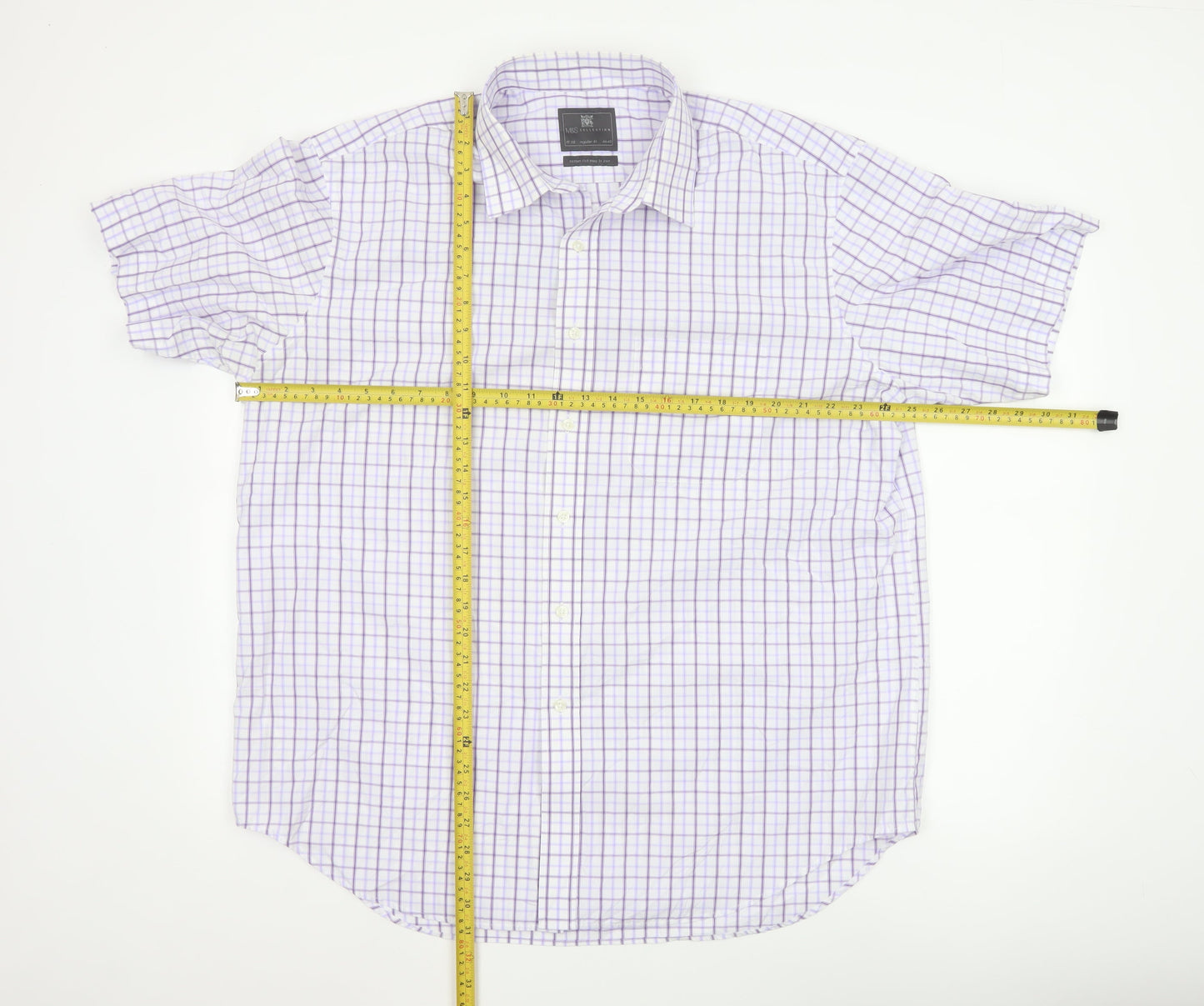 Marks and Spencer Men's Purple Check Regular Fit Short Sleeve Shirt 17.5in