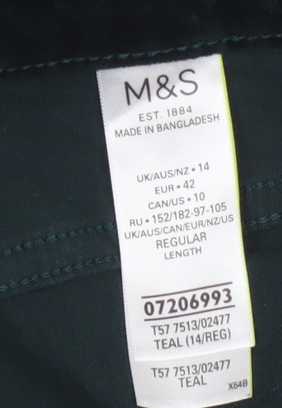 Marks and Spencer Women’s Teal Cotton Blend Straight Trousers Size 14 Regular