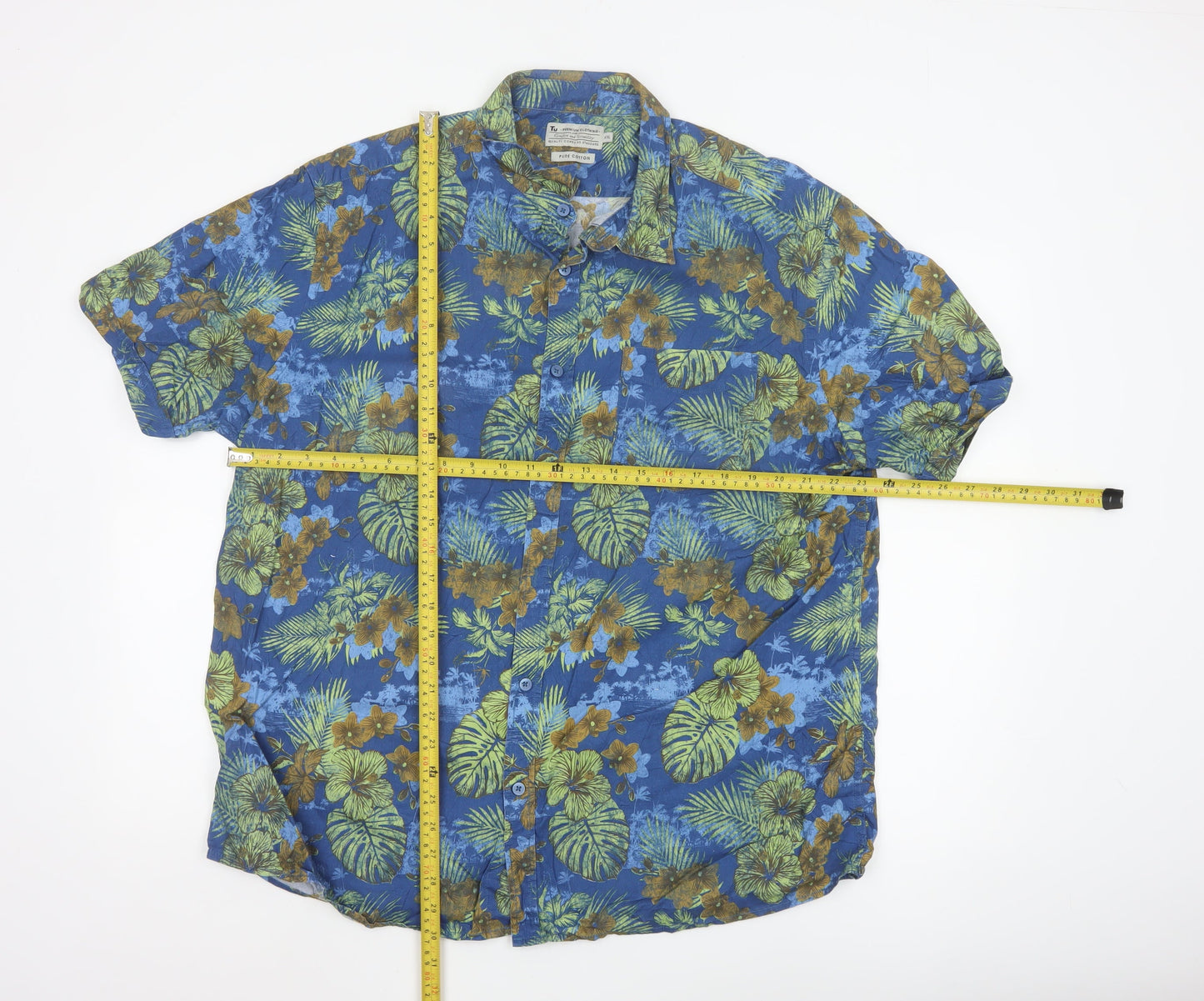 Tu Men’s Blue Hawaiian Floral Short Sleeve 2XL Cotton Shirt