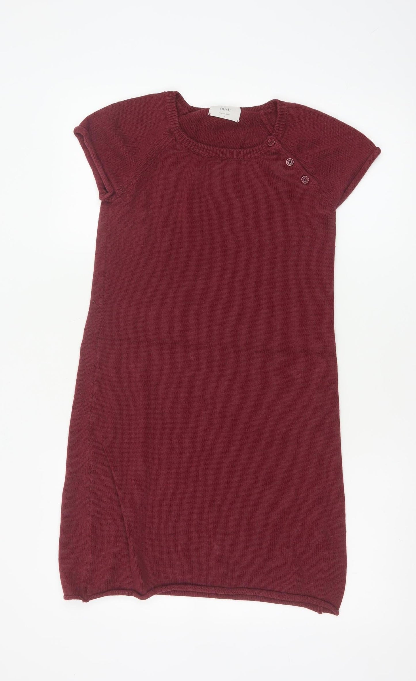 Hush Women Red Wool Knit Shift Dress S Short Sleeve Button Detail