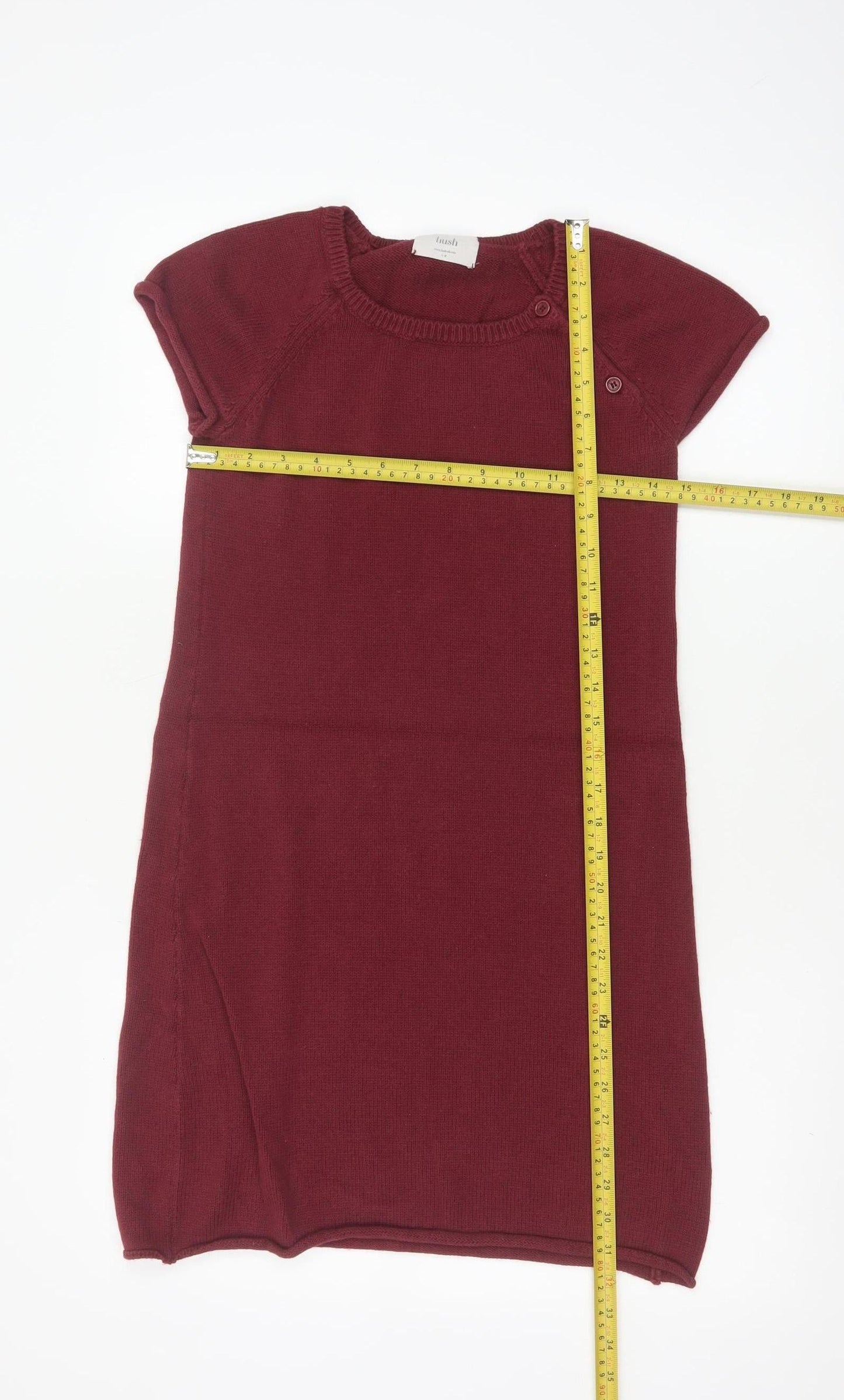 Hush Women Red Wool Knit Shift Dress S Short Sleeve Button Detail