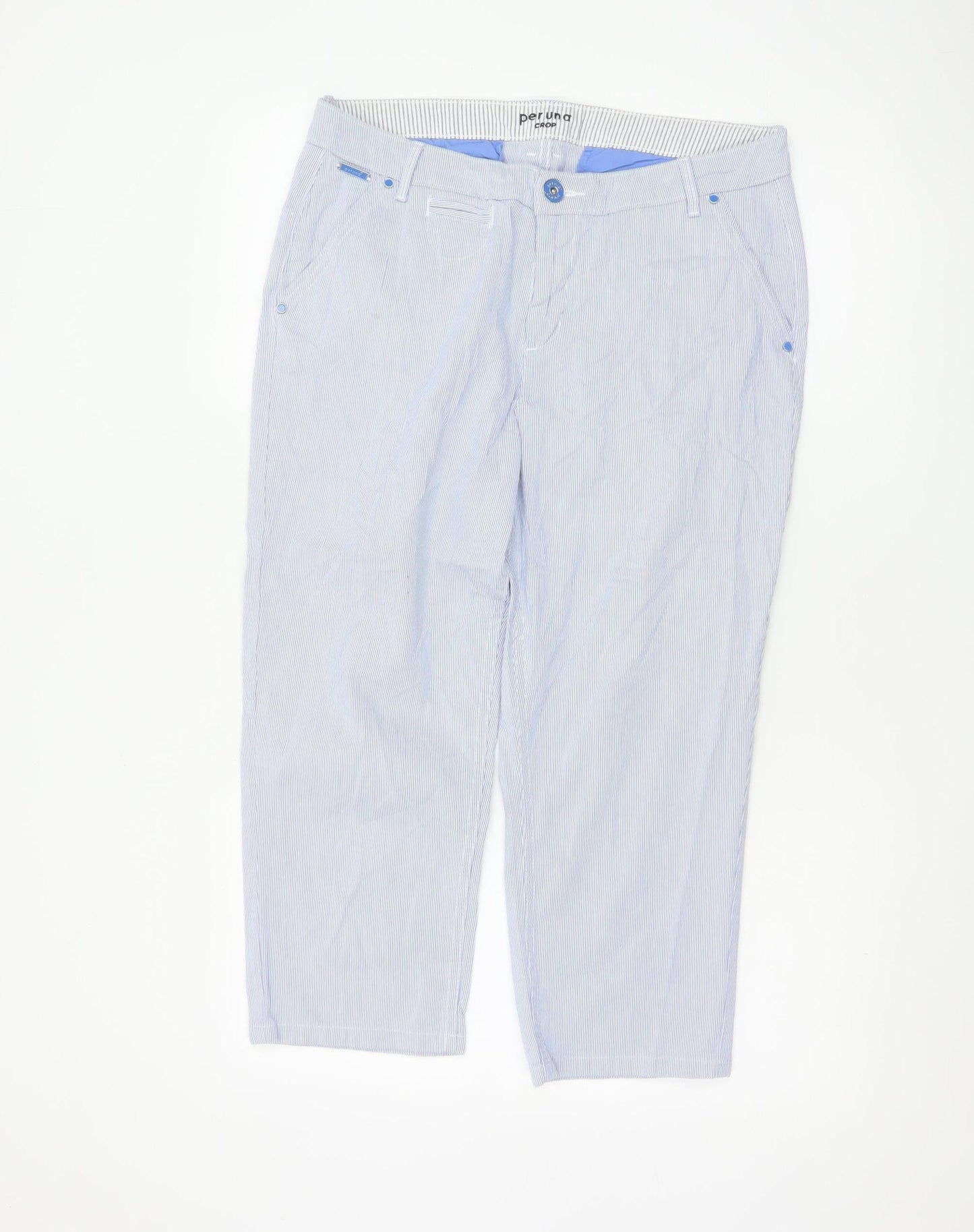 Marks and Spencer Women Blue Striped Cropped Cotton Trousers Size 14