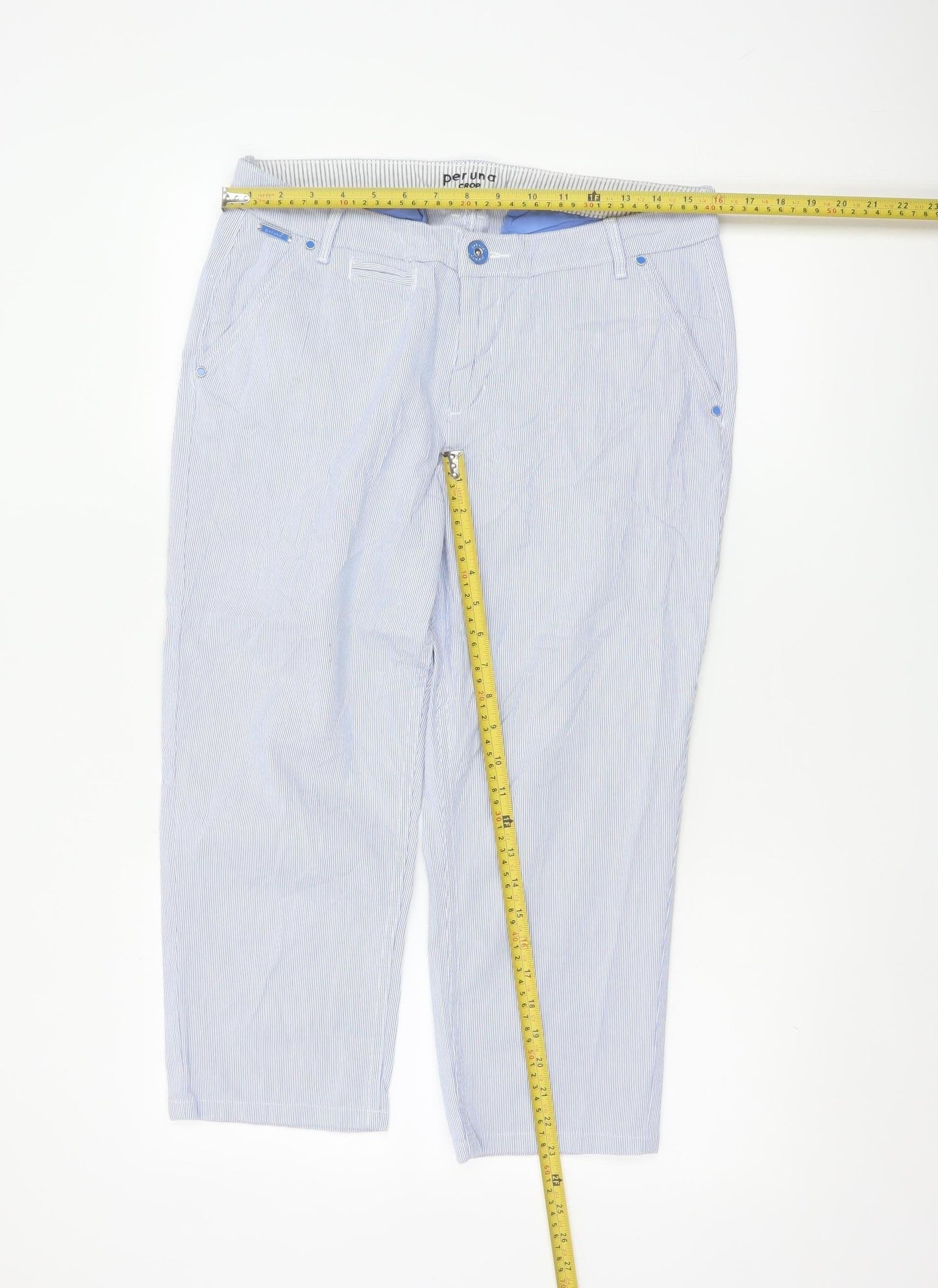 Marks and Spencer Women Blue Striped Cropped Cotton Trousers Size 14