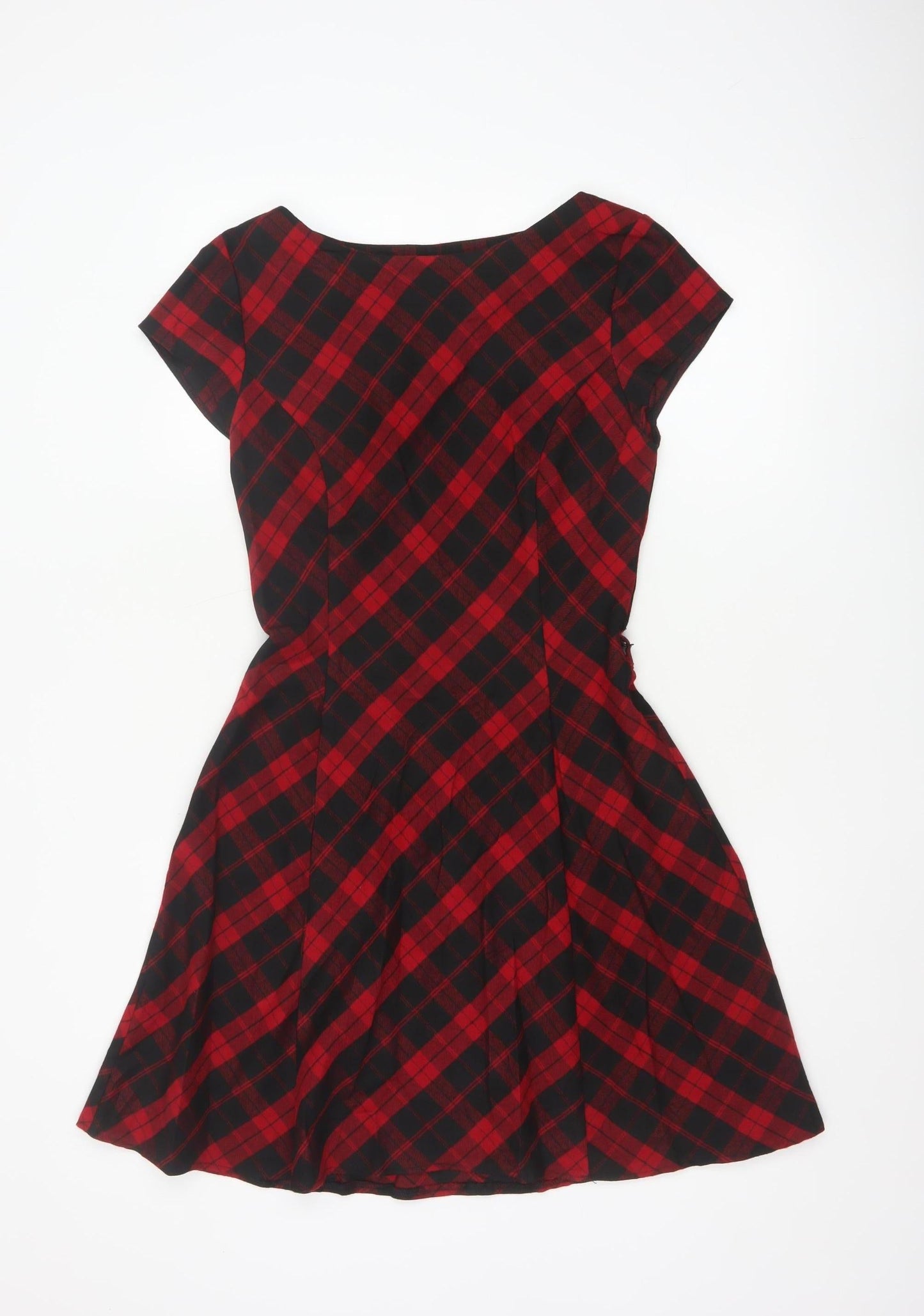 Red Herring Women Red Checked A-Line Dress Size 10 Short Sleeve