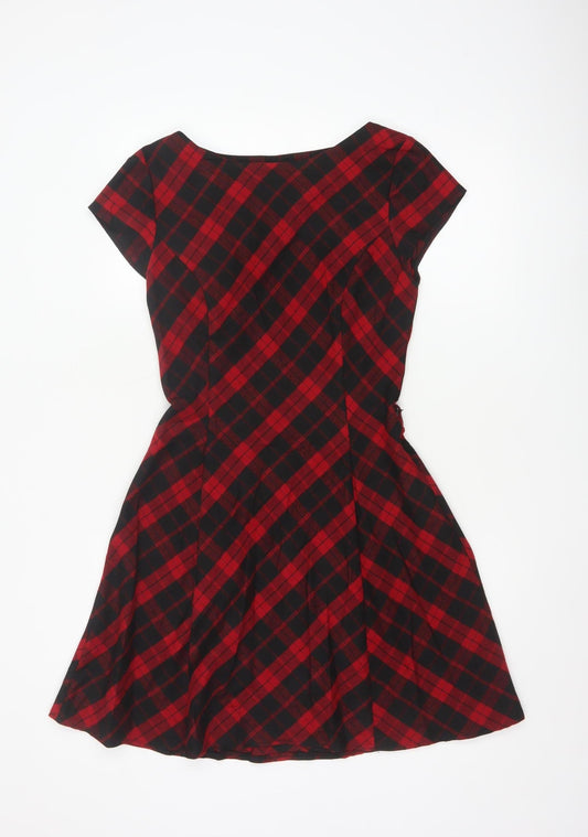 Red Herring Women Red Checked A-Line Dress Size 10 Short Sleeve