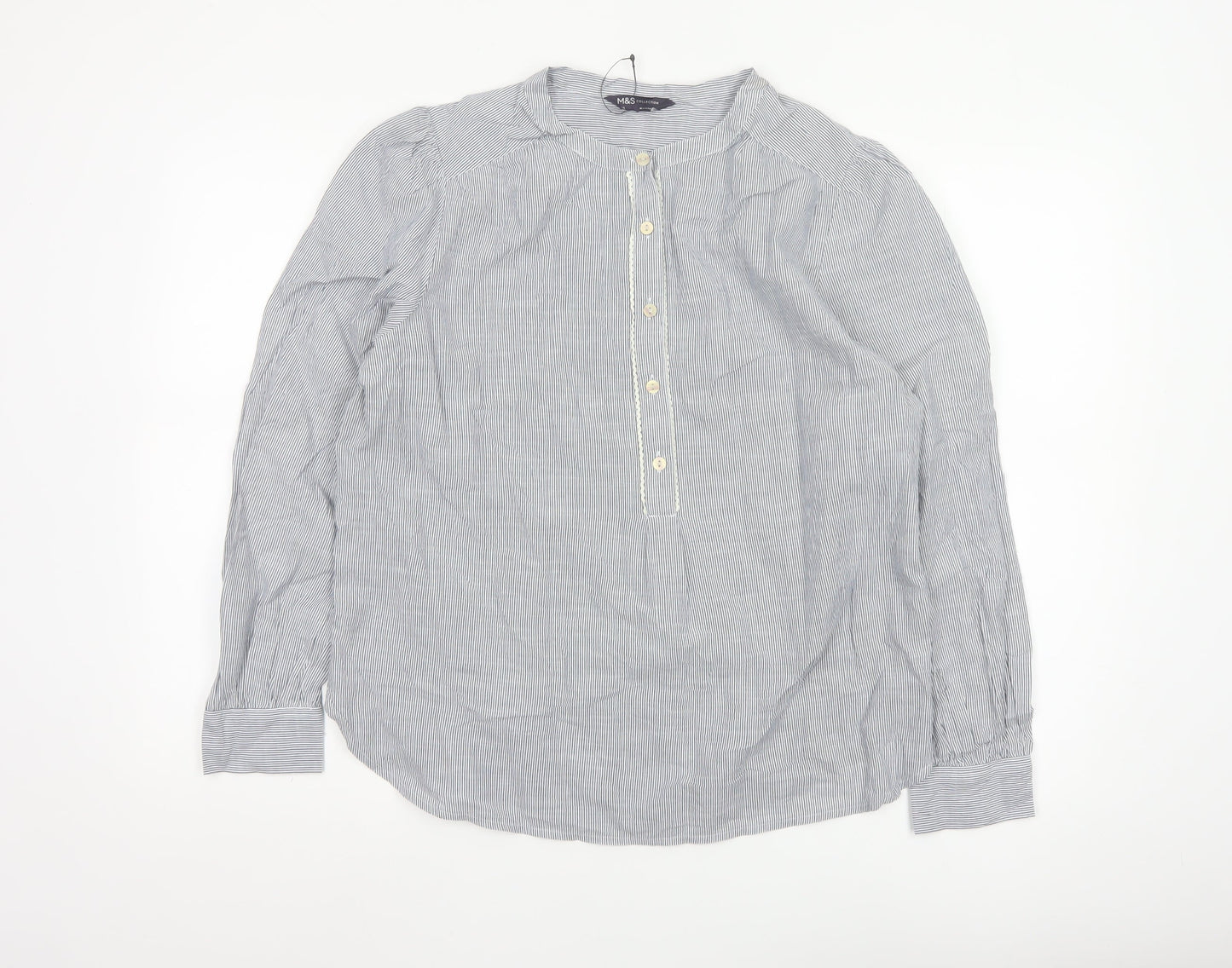 Marks and Spencer Women Blue Striped Cotton Long Sleeve Tunic Blouse Size 14