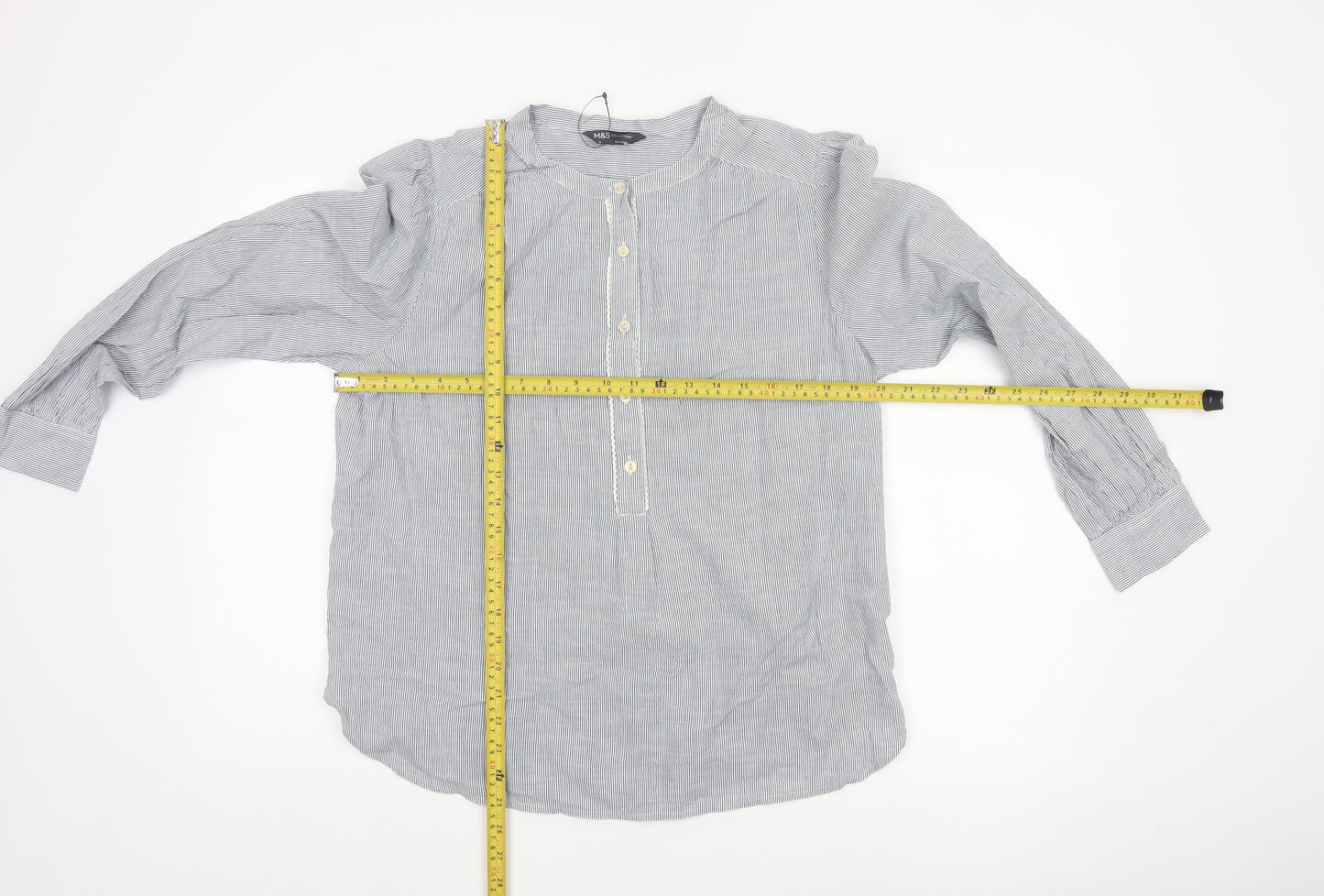 Marks and Spencer Women Blue Striped Cotton Long Sleeve Tunic Blouse Size 14