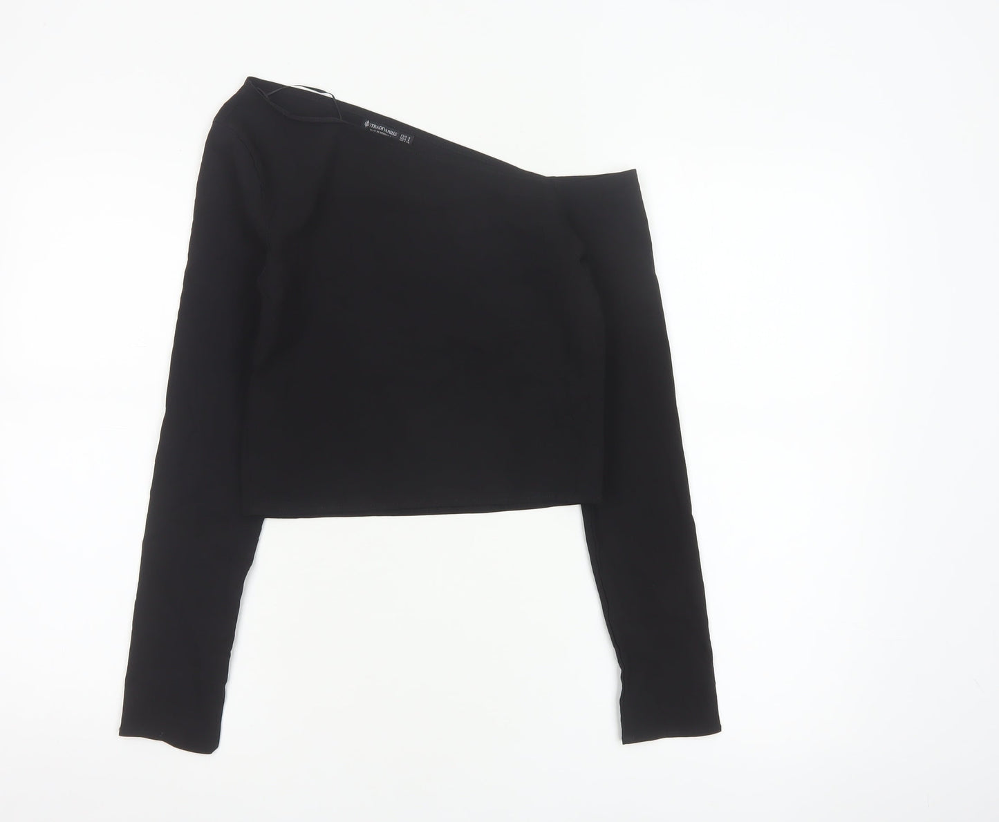Stradivarius Women's Black One Shoulder Cropped Long Sleeve Top Size S