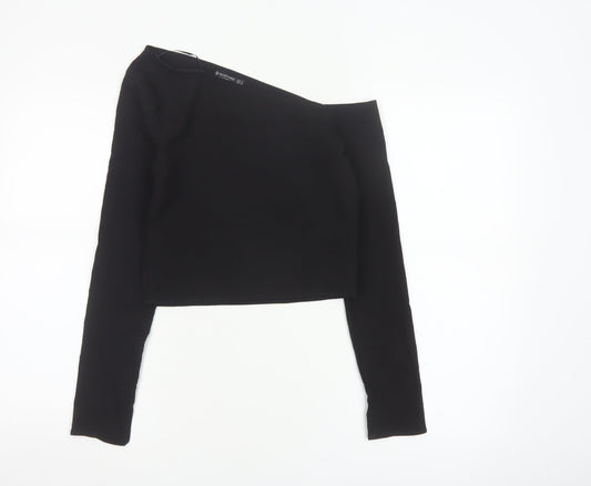 Stradivarius Women's Black One Shoulder Cropped Long Sleeve Top Size S