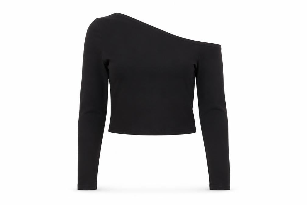 Stradivarius Women's Black One Shoulder Cropped Long Sleeve Top Size S
