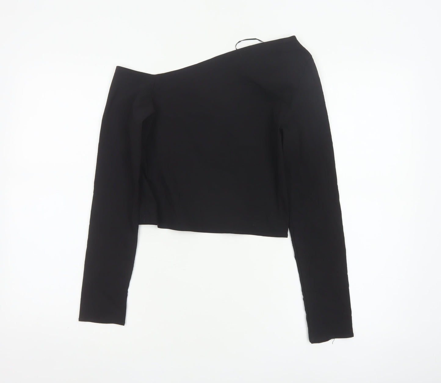Stradivarius Women's Black One Shoulder Cropped Long Sleeve Top Size S