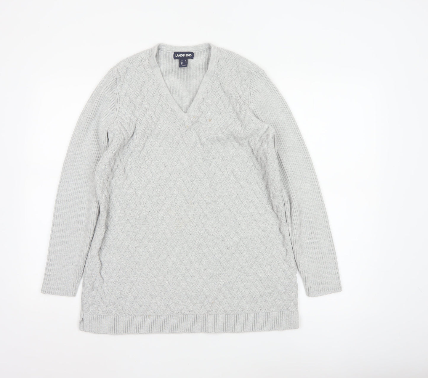 Lands' End Women's Grey Cotton Cable-Knit V-Neck Jumper Size M