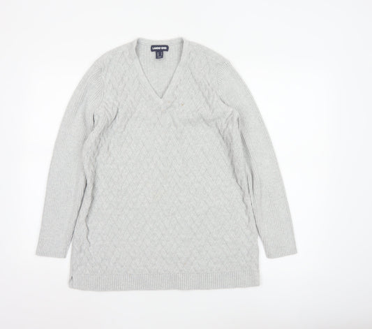 Lands' End Women's Grey Cotton Cable-Knit V-Neck Jumper Size M