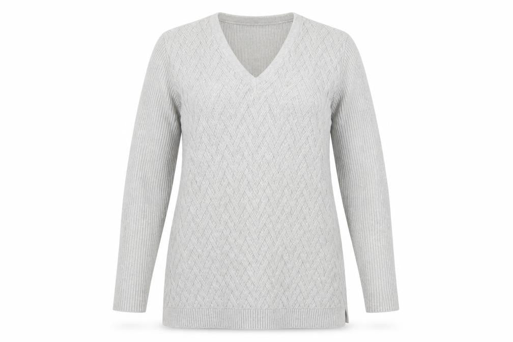 Lands' End Women's Grey Cotton Cable-Knit V-Neck Jumper Size M