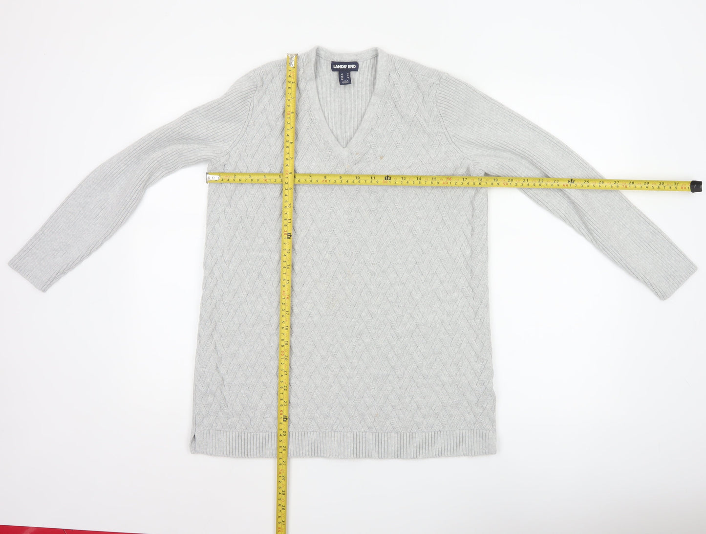 Lands' End Women's Grey Cotton Cable-Knit V-Neck Jumper Size M