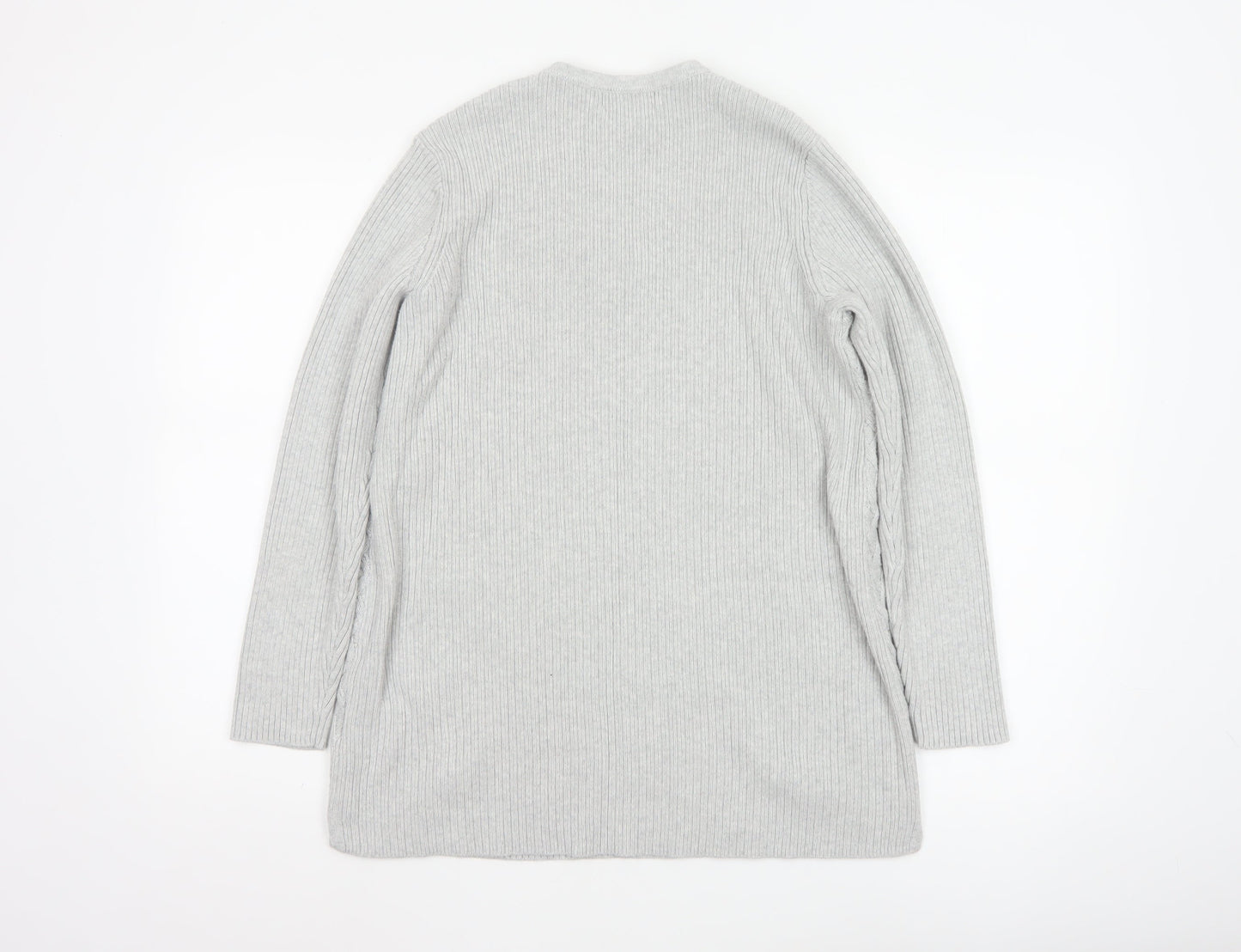 Lands' End Women's Grey Cotton Cable-Knit V-Neck Jumper Size M