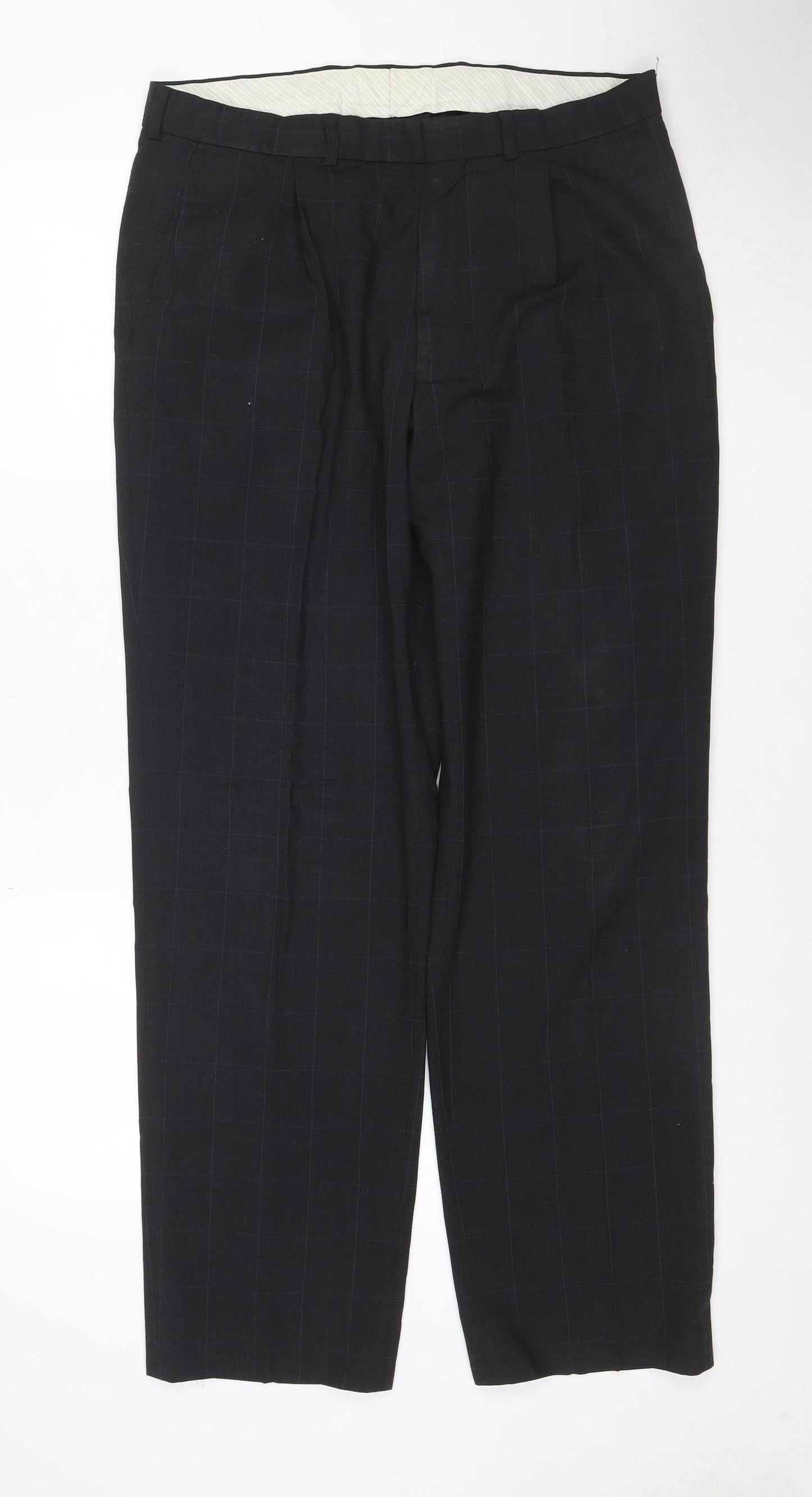 Marks and Spencer Men's Black Wool Blend Check Dress Trousers 34W 31L