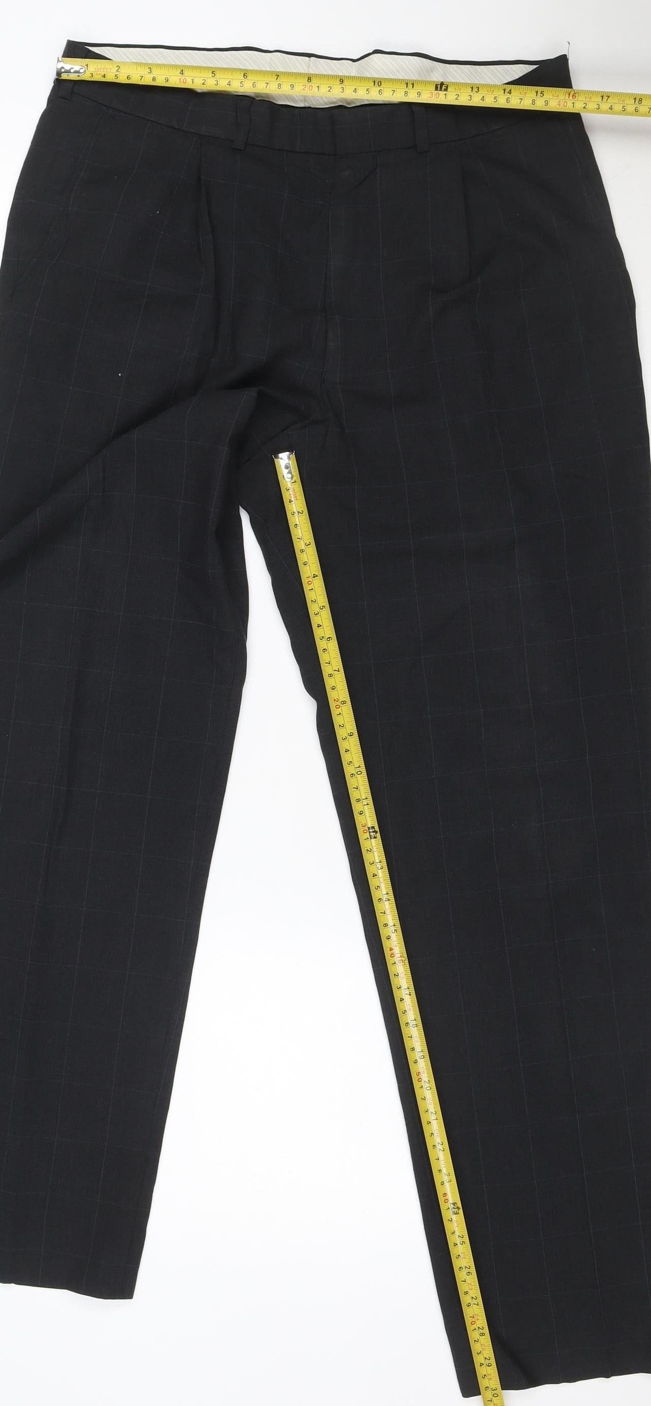 Marks and Spencer Men's Black Wool Blend Check Dress Trousers 34W 31L