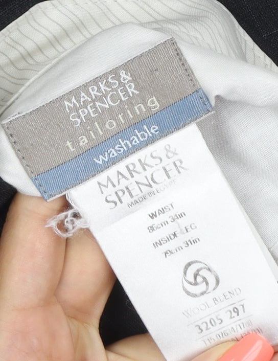 Marks and Spencer Men's Black Wool Blend Check Dress Trousers 34W 31L