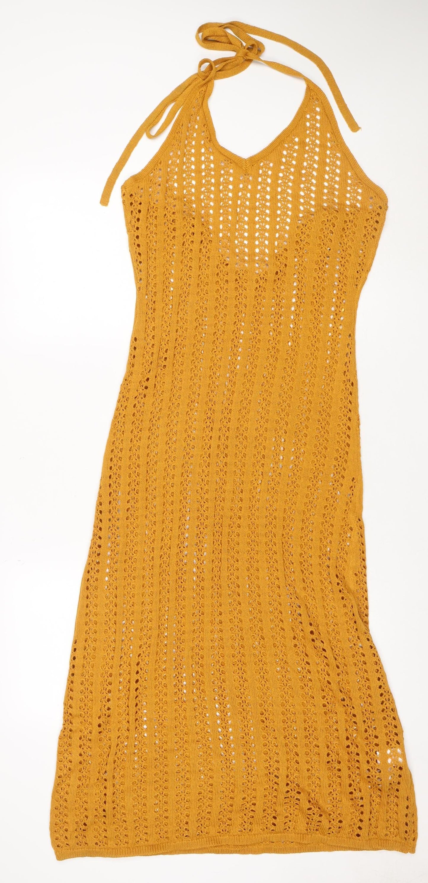 Primark Women Yellow Crochet Knit Slip Dress L Summer Beach Style