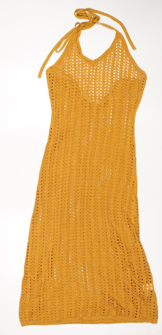 Primark Women Yellow Crochet Knit Slip Dress L Summer Beach Style