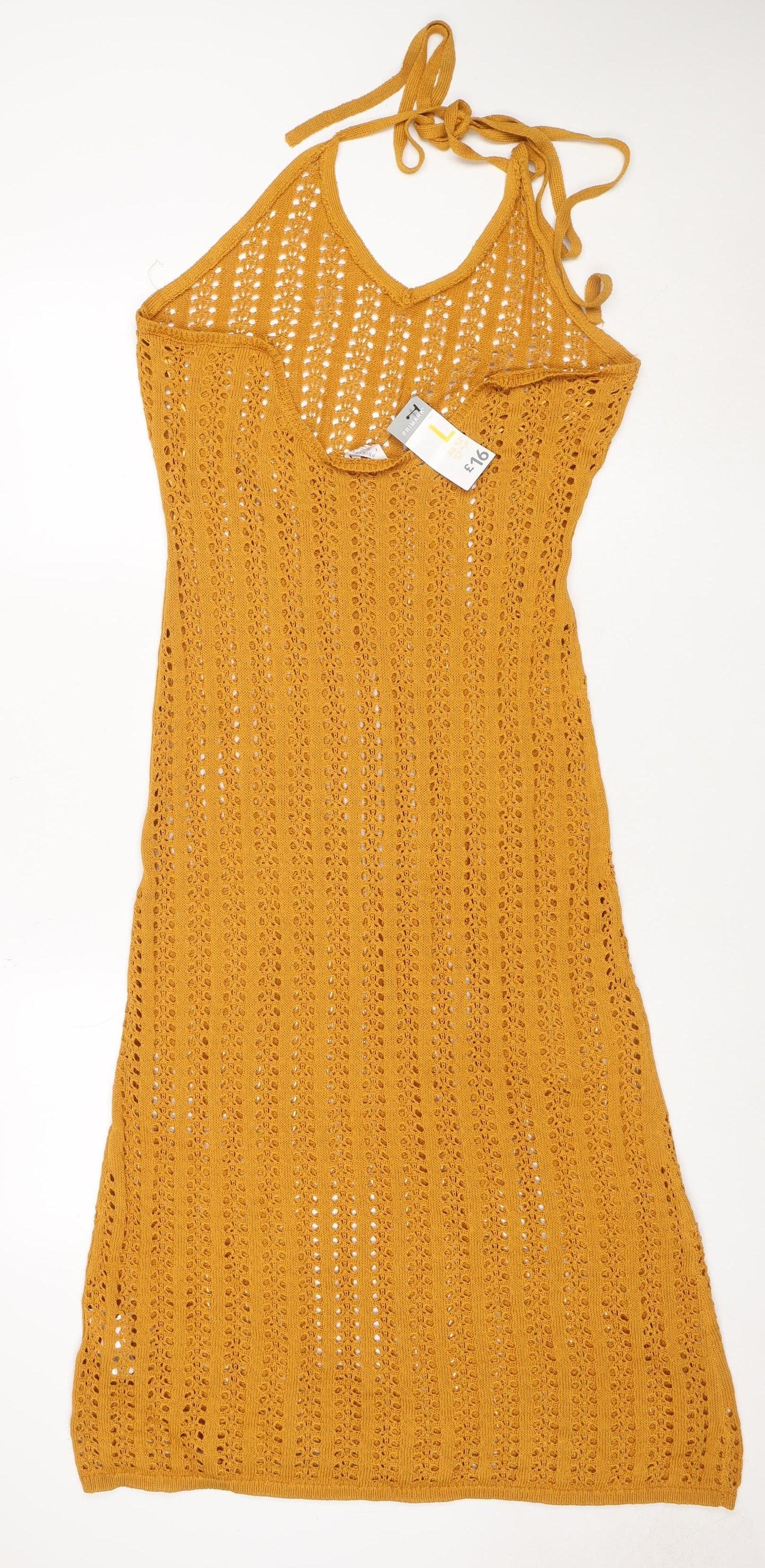 Primark Women Yellow Crochet Knit Slip Dress L Summer Beach Style