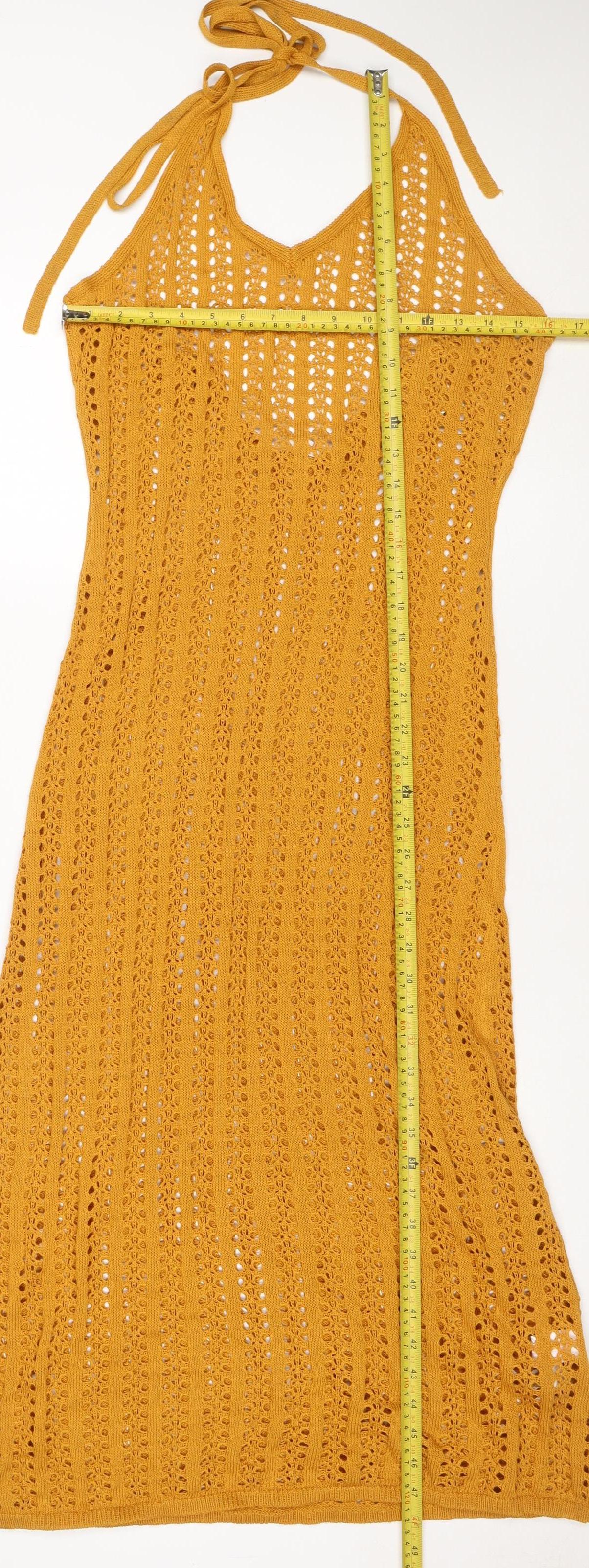 Primark Women Yellow Crochet Knit Slip Dress L Summer Beach Style