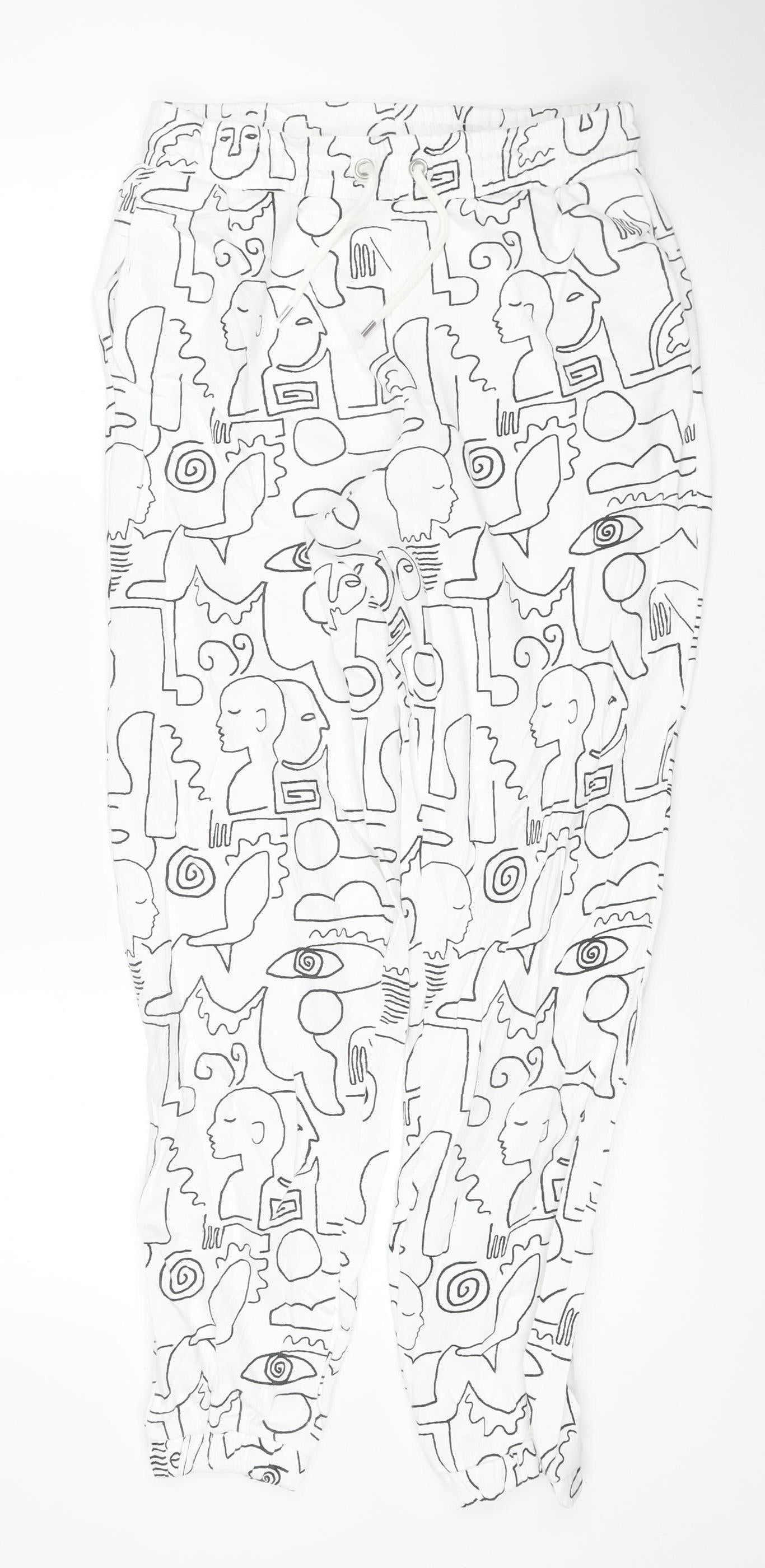 Monki Women White Abstract Print Cotton Jogger Trousers Size S