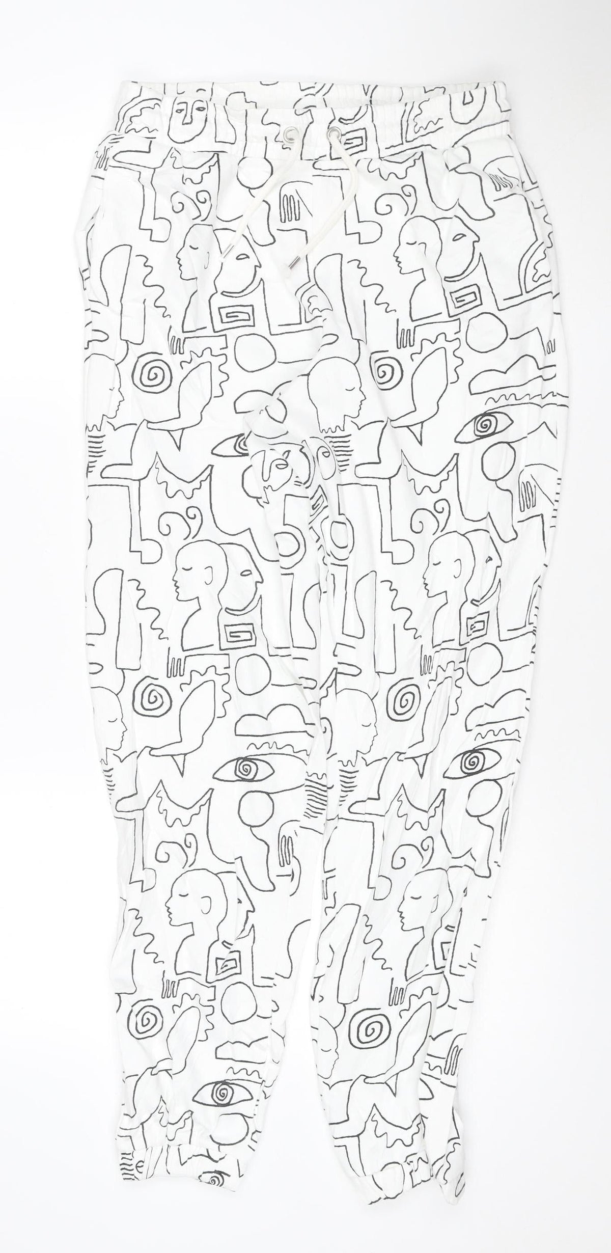 Monki Women White Abstract Print Cotton Jogger Trousers Size S